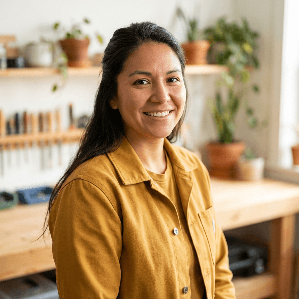 Sarah Mitchell with Allivhu Shops product in her home