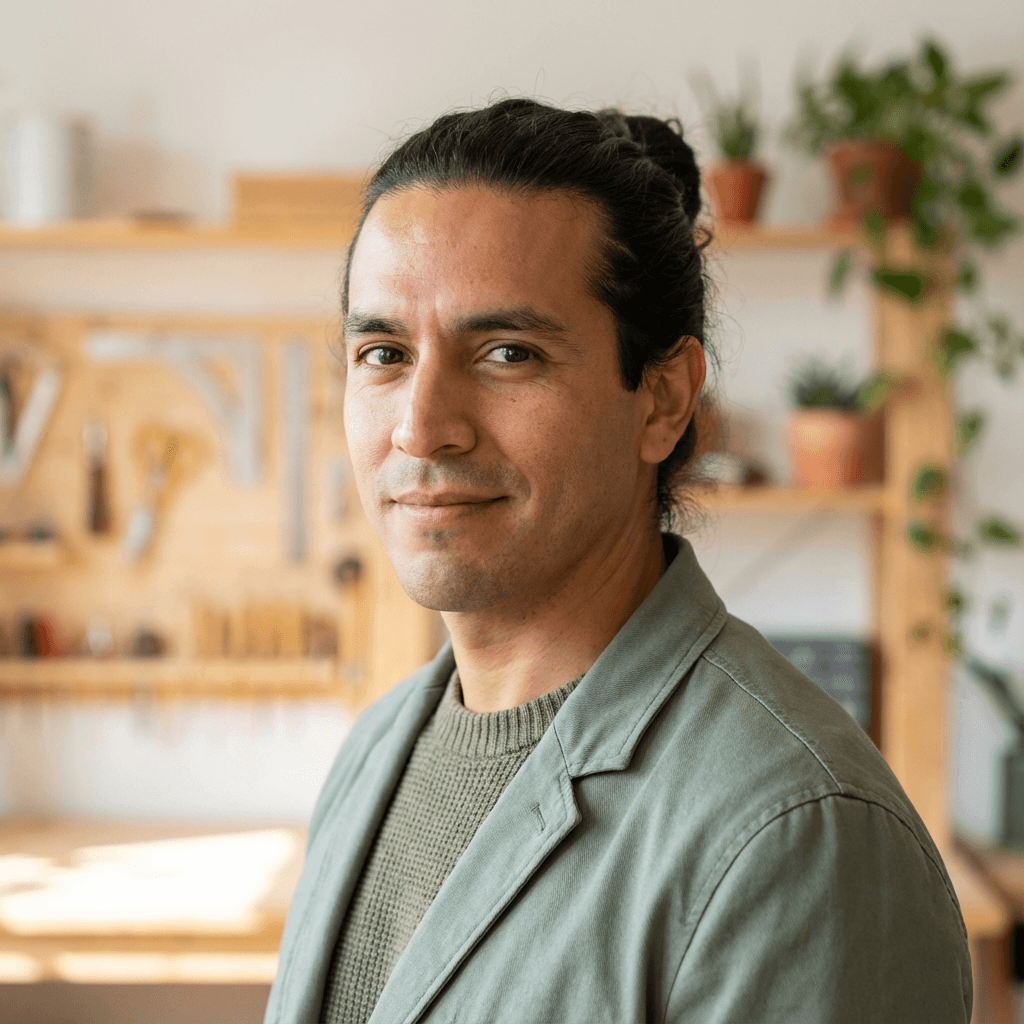 David Ramirez examining products at his workspace