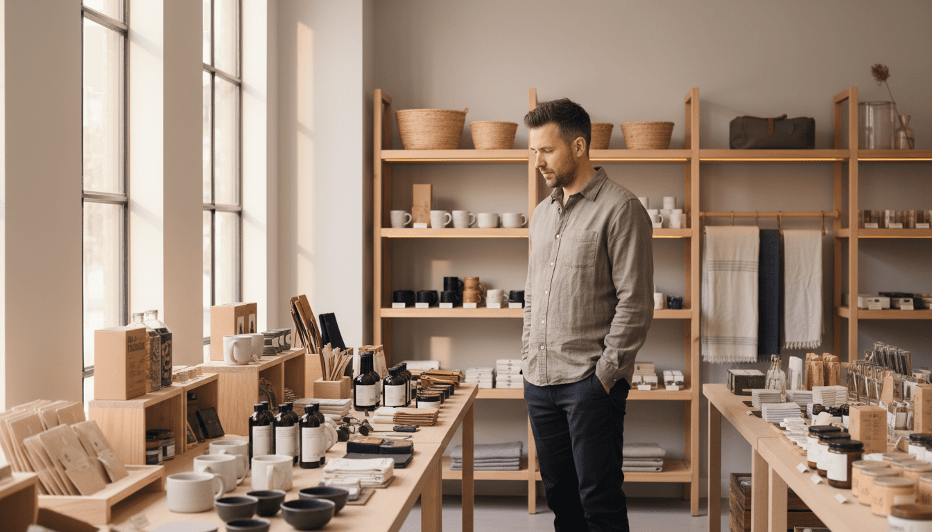 Jason Goble in Allivhu Shops workspace surrounded by curated products