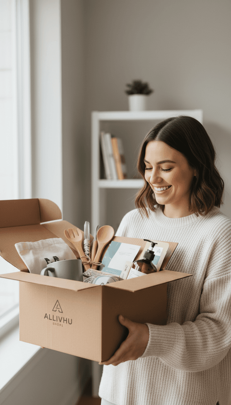 Customer opening a box of Allivhu Shops products at home