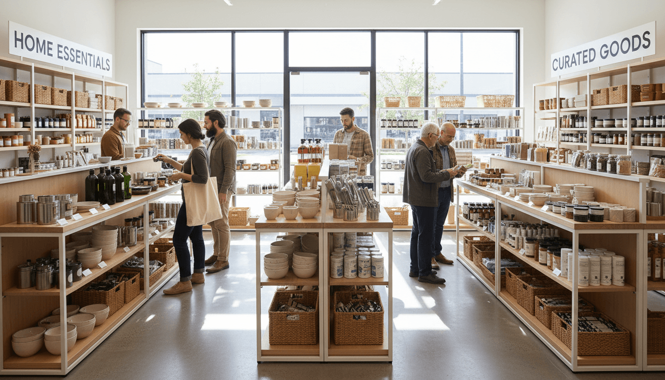 Modern retail marketplace with organized product displays and customer shopping
