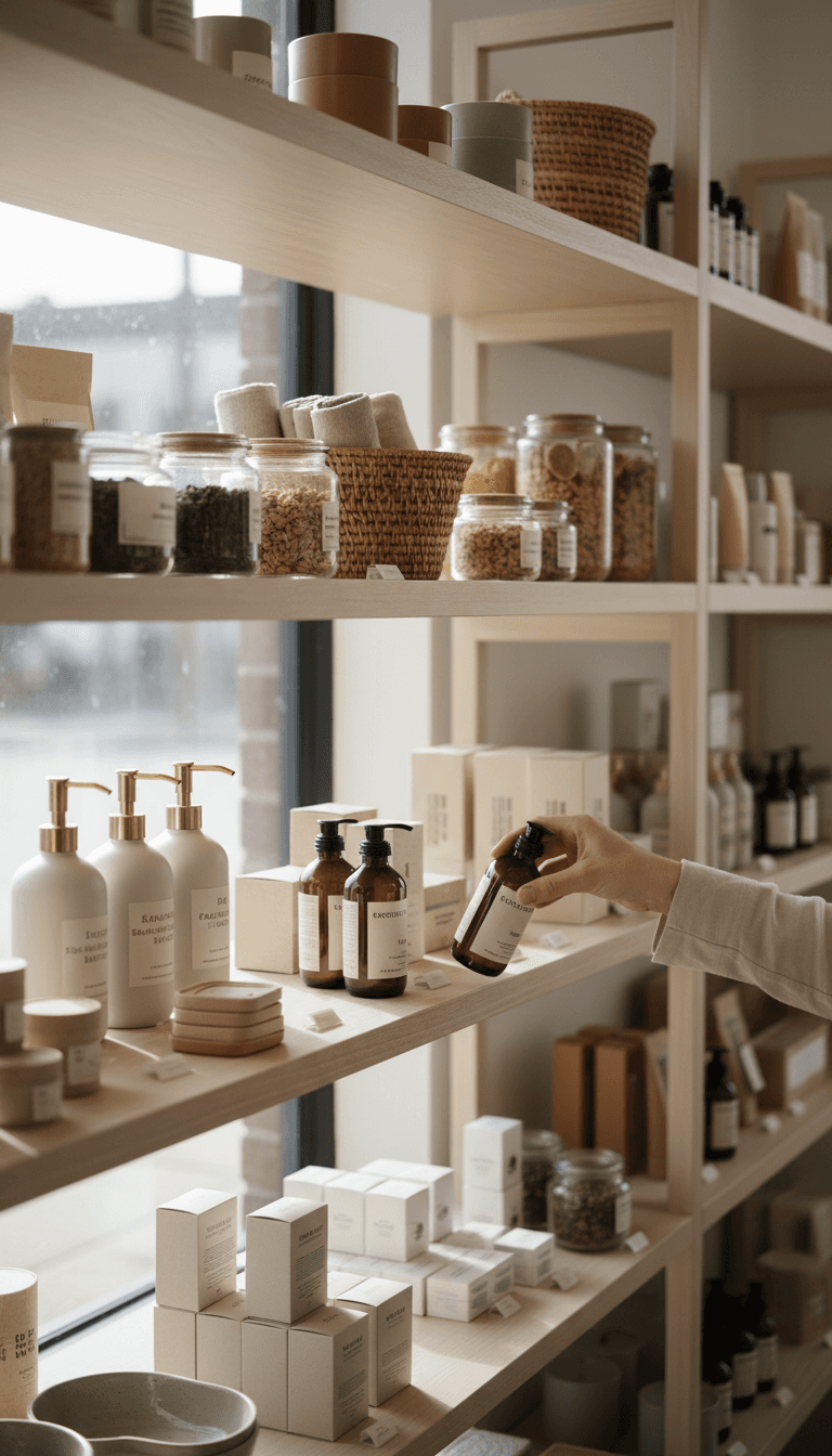 Customer browsing curated products at Allivhu Shops retail display